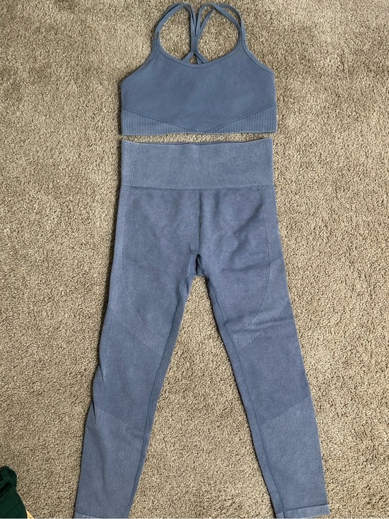 JoyLab Pants - JoyLab Seamless Ribbed Leggings & Strappy Sports Bra in Dusty Blue Size M